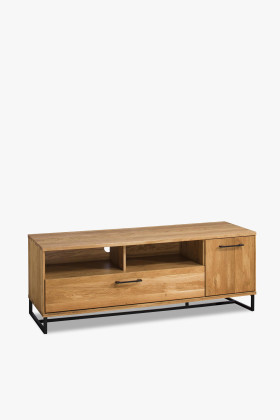 Indusztriális tölgyfa TV-s komód fekete fém lábakkal, 144 cm